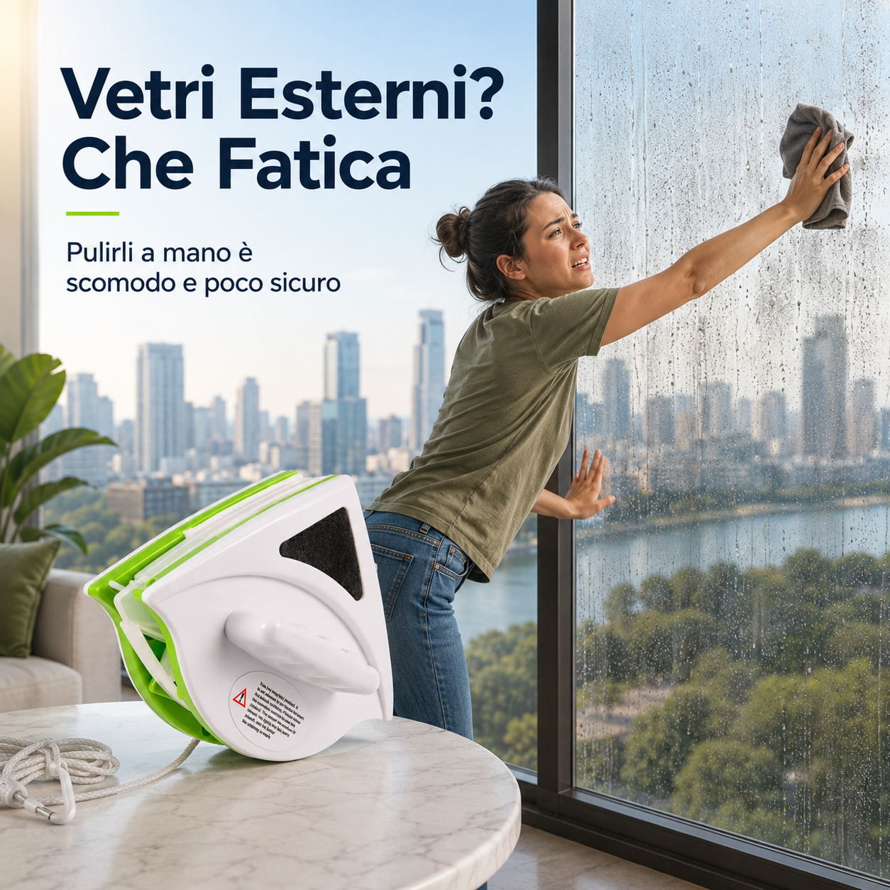 VetroLuce™ — Lavavetri Elettrico Aspiragocce per Vetri, Specchi e Box Doccia
