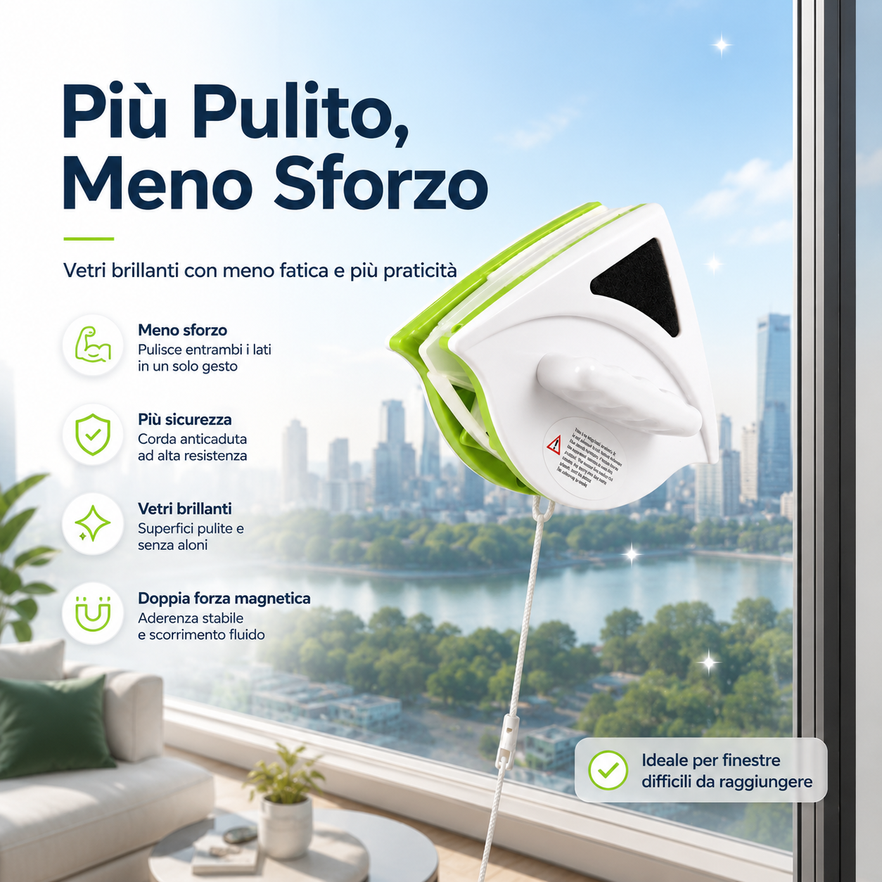 VetroLuce™ — Lavavetri Elettrico Aspiragocce per Vetri, Specchi e Box Doccia