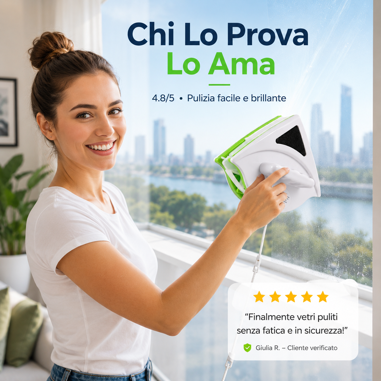 VetroLuce™ — Lavavetri Elettrico Aspiragocce per Vetri, Specchi e Box Doccia